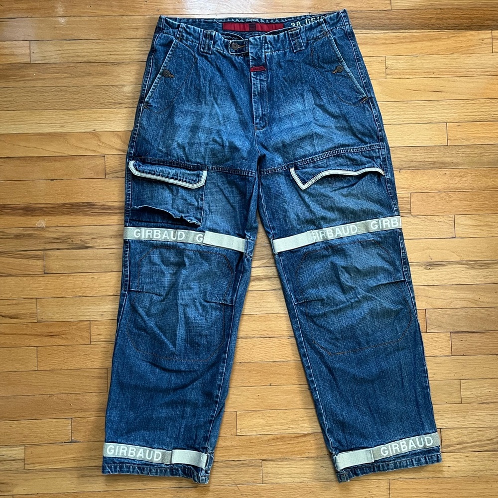 VTG Girbaud Shuttle Tape Straps Jeans Spellout Y2K 90s Silver Baggy Loose Wide